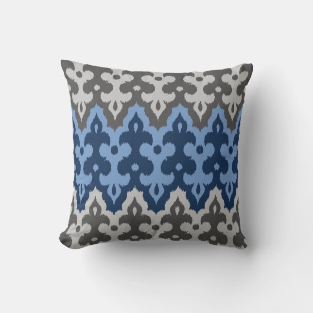 Moroccan Ikat Damask, Blue and Grey / Grey Cushion (Front)