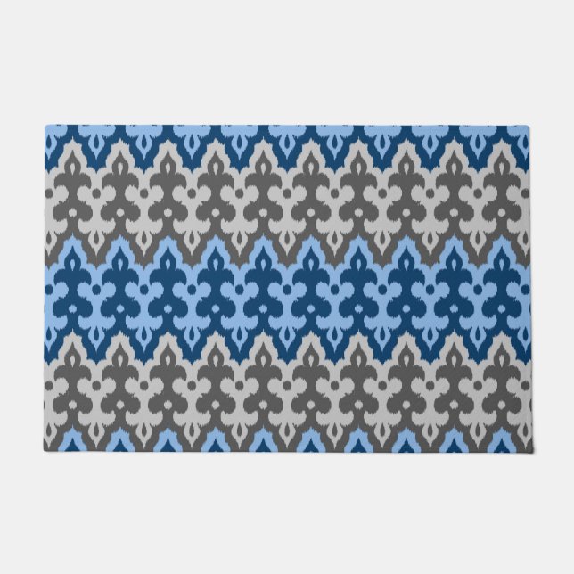 Moroccan Ikat Damask, Blue and Grey / Grey Doormat (Front)