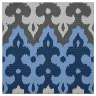 Moroccan Ikat Damask, Blue and Grey / Grey Fabric