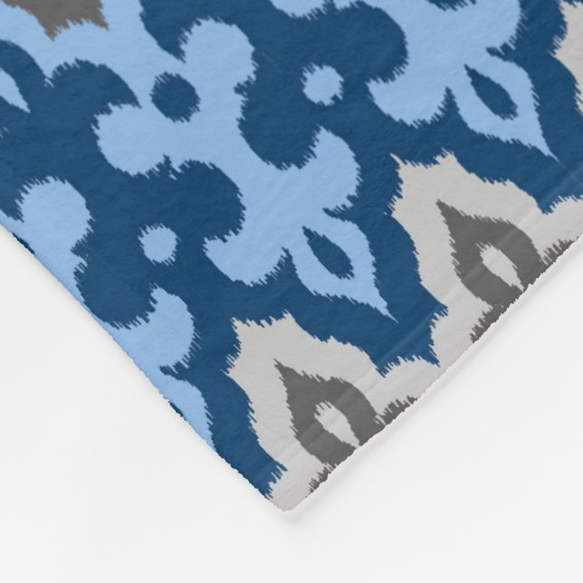 Moroccan Ikat Damask, Blue and Grey / Grey Fleece Blanket (Corner)