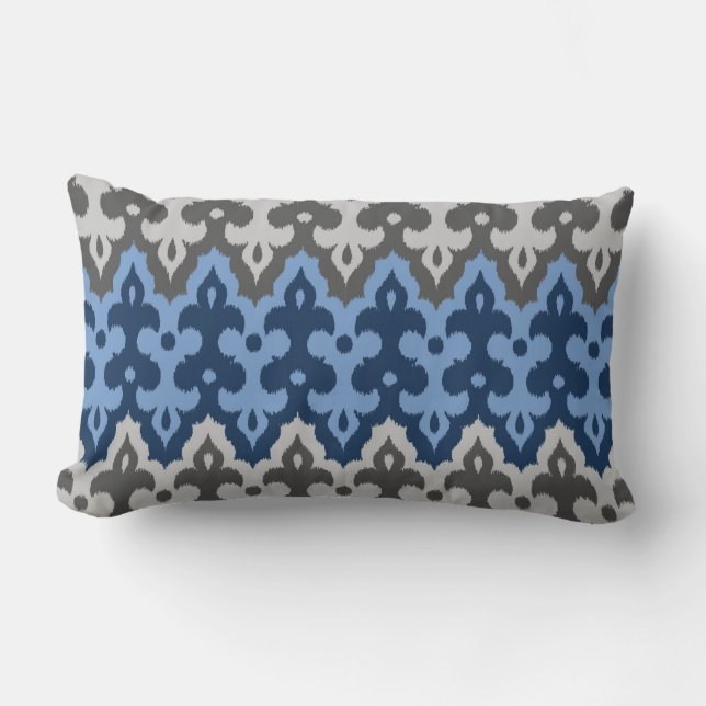 Moroccan Ikat Damask, Blue and Grey / Grey Lumbar Cushion (Front)
