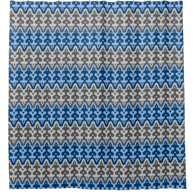 Moroccan Ikat Damask, Blue and Grey / Grey Shower Curtain (Front)