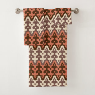 Moroccan Ikat Damask, Brown, Cream Taupe & Rust Bath Towel Set