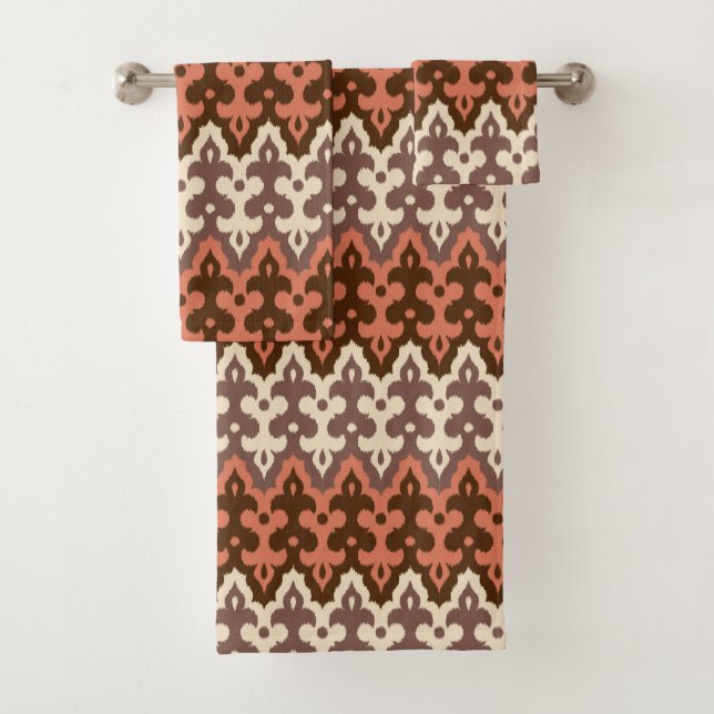 Moroccan Ikat Damask, Brown, Cream Taupe & Rust Bath Towel Set (Insitu)