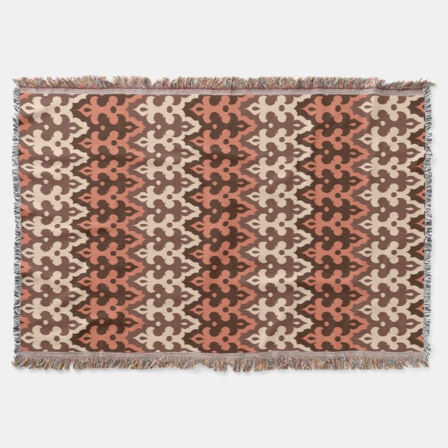 Moroccan Ikat Damask, Brown, Taupe & Rust Throw Blanket (Front)