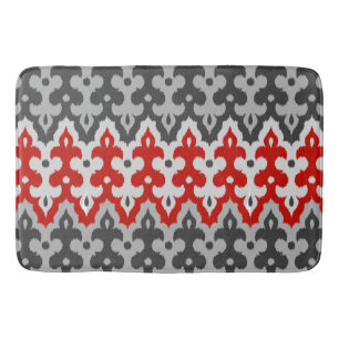 Moroccan Ikat Damask, Graphite Grey and Red Bath Mat