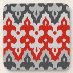 Moroccan Ikat Damask, Graphite Grey and Red Coaster