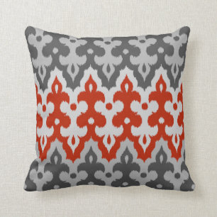 Moroccan Ikat Damask, Graphite Grey and Red Cushion