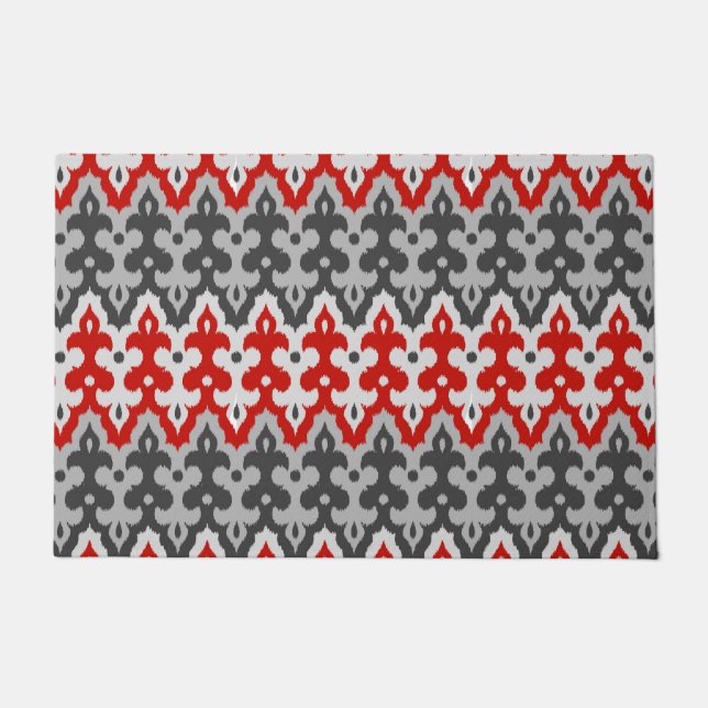Moroccan Ikat Damask, Graphite Grey and Red Doormat (Front)