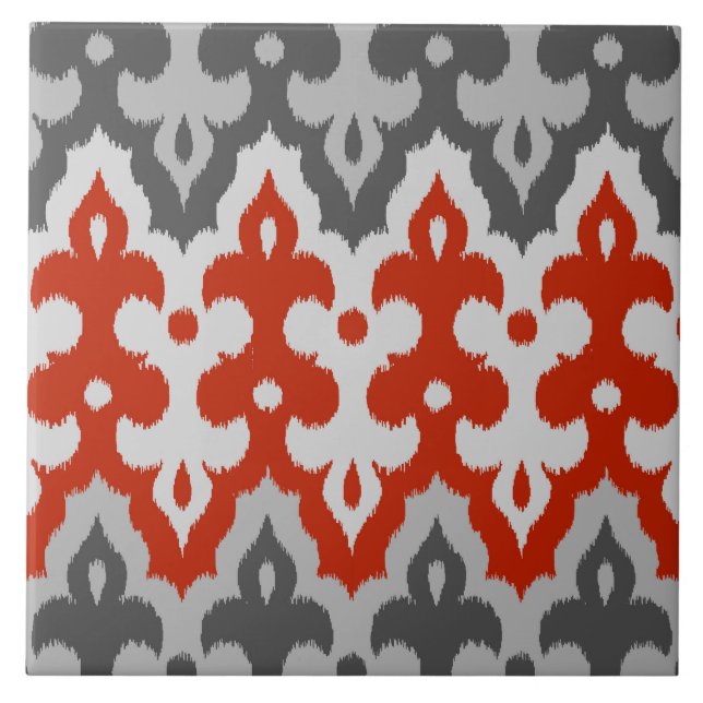 Moroccan Ikat Damask, Graphite Grey and Red Tile (Front)