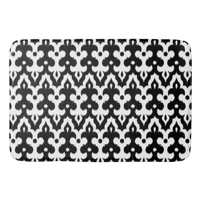 Moroccan Ikat Damask Pattern, Black and White Bath Mat (Front)