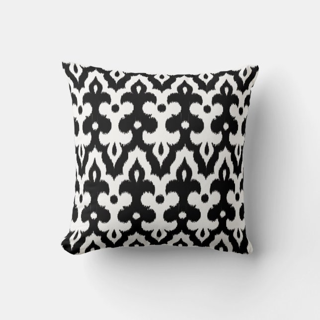 Moroccan Ikat Damask Pattern, Black and White Cushion (Front)