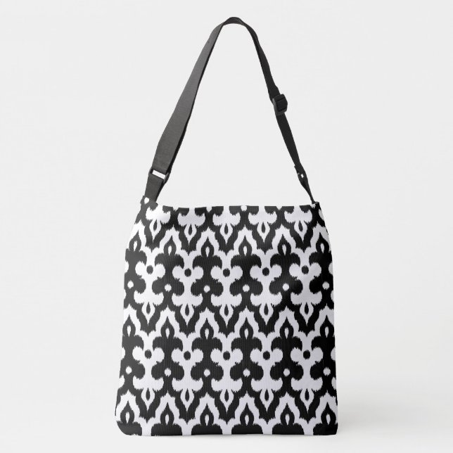 Moroccan Ikat Damask Pattern, Black & White Crossbody Bag (Back)