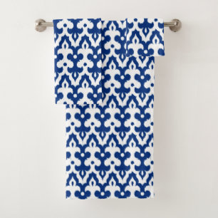 Moroccan Ikat Damask Pattern, Cobalt Blue & White Bath Towel Set