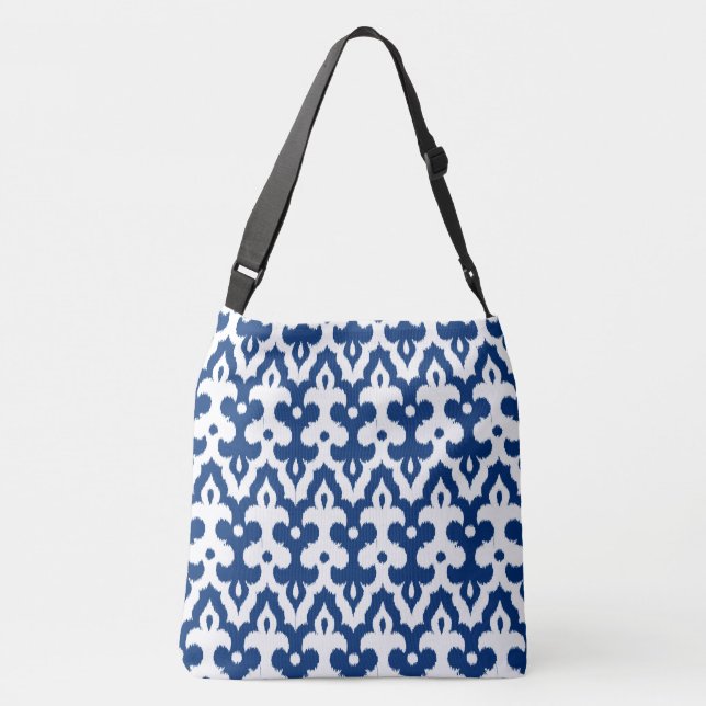 Moroccan Ikat Damask Pattern, Cobalt Blue & White Crossbody Bag (Back)