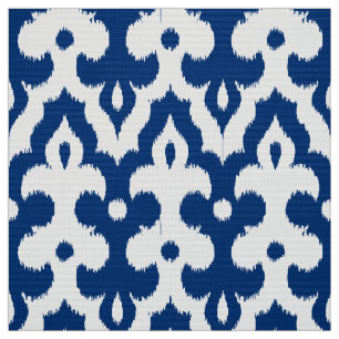 Moroccan Ikat Damask Pattern, Cobalt Blue & White Fabric