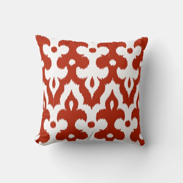 Moroccan Ikat Damask Pattern, Deep Red and White Cushion (Front)