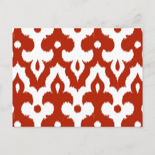 Moroccan Ikat Damask Pattern, Deep Red and White Postcard