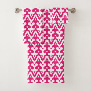 Moroccan Ikat Damask Pattern, Fuchsia Pink & White Bath Towel Set