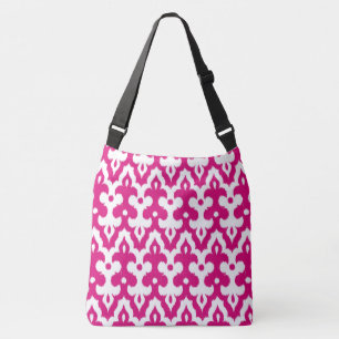 Moroccan Ikat Damask Pattern, Fuchsia Pink & White Crossbody Bag