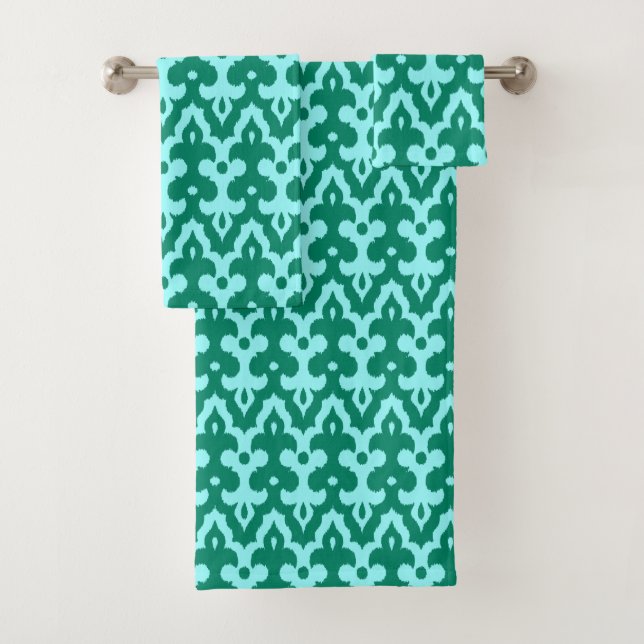 Moroccan Ikat Damask Pattern, Turquoise and Aqua Bath Towel Set (Insitu)