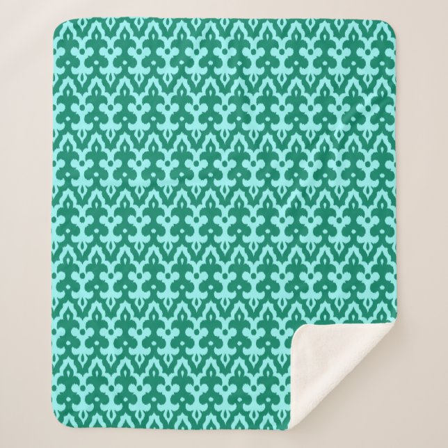 Moroccan Ikat Damask Pattern, Turquoise and Aqua Sherpa Blanket (Front)