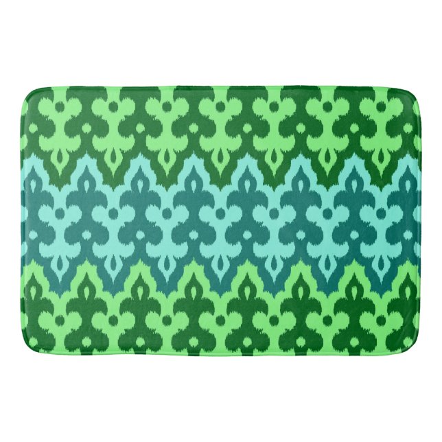 Moroccan Ikat Damask, Turquoise & Jade Green Bath Mat (Front)