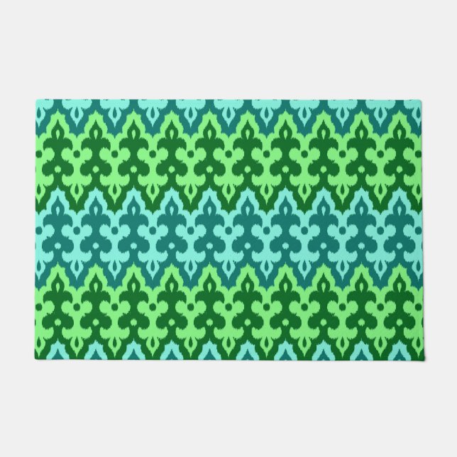 Moroccan Ikat Damask, Turquoise & Jade Green Doormat (Front)