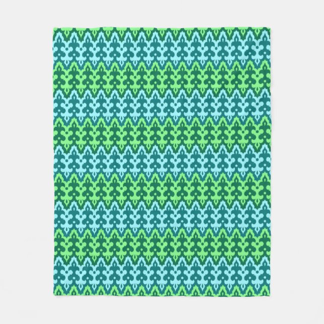 Moroccan Ikat Damask, Turquoise & Jade Green Fleece Blanket (Front)