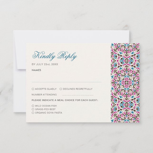 Moroccan Lattice Geometric Mandala Wedding RSVP Card (Front)