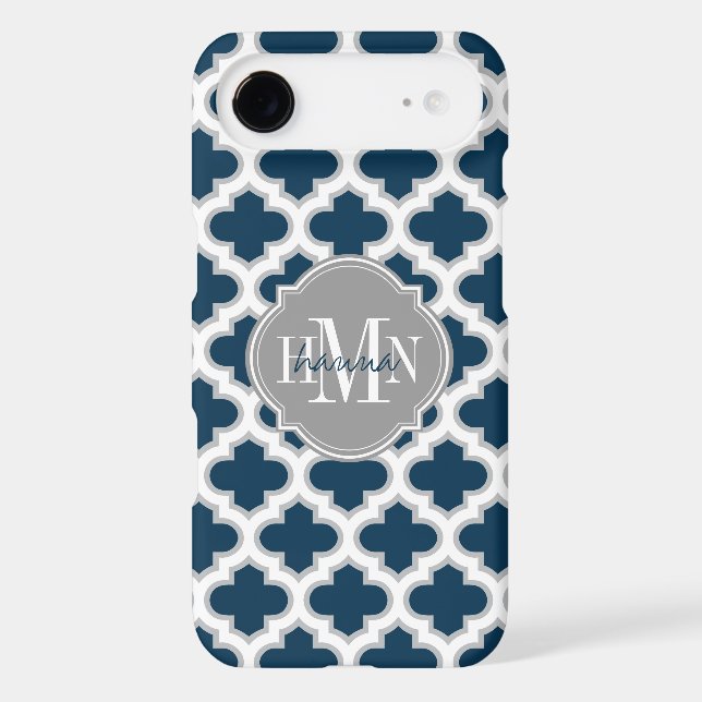 Moroccan Lattice Navy Blue Grey White Personalised Case-Mate iPhone Case (Back)