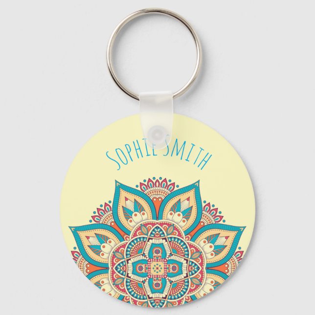 Moroccan mandala colourful ethnic pattern key ring (Front)
