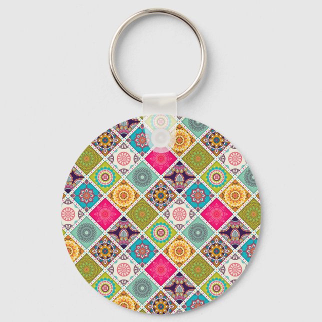 Moroccan mandala colourful ethnic pattern key ring (Front)