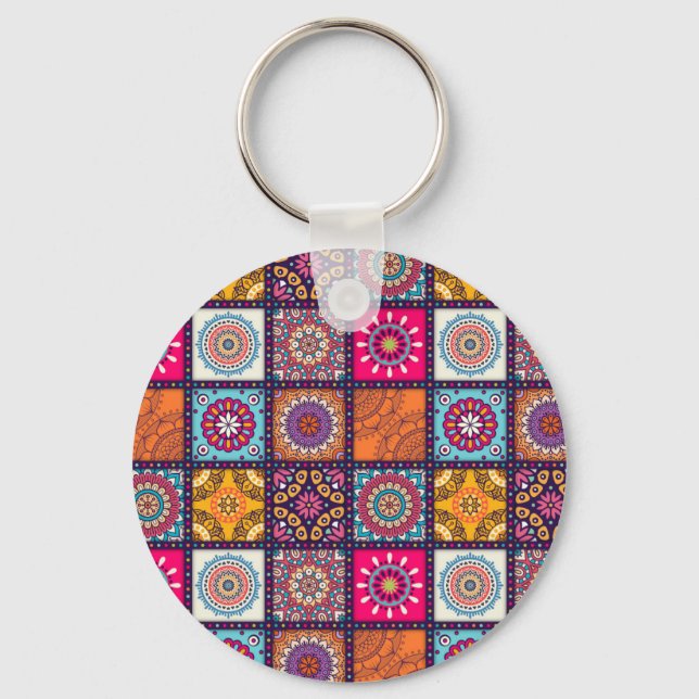 Moroccan mandala colourful ethnic pattern key ring (Front)