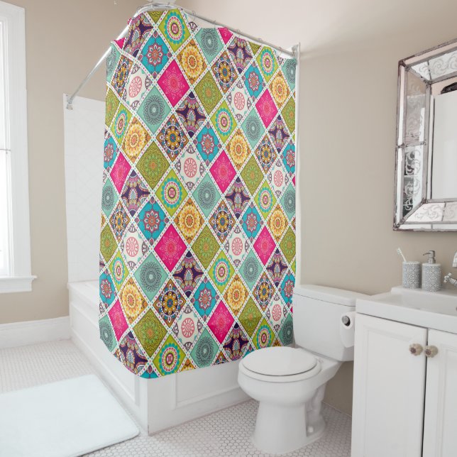 Moroccan mandala colourful ethnic pattern shower curtain (In Situ)