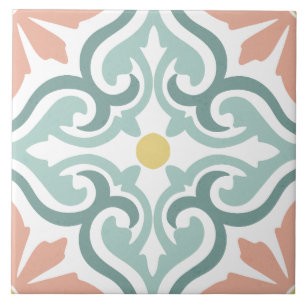 Moroccan Mediterranean Ornamental Teal Peach  Tile