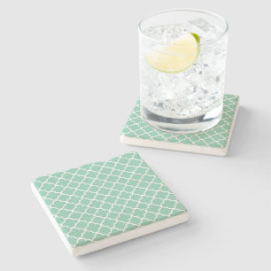 Moroccan Mint Green & White Quatrefoil Pattern Stone Coaster