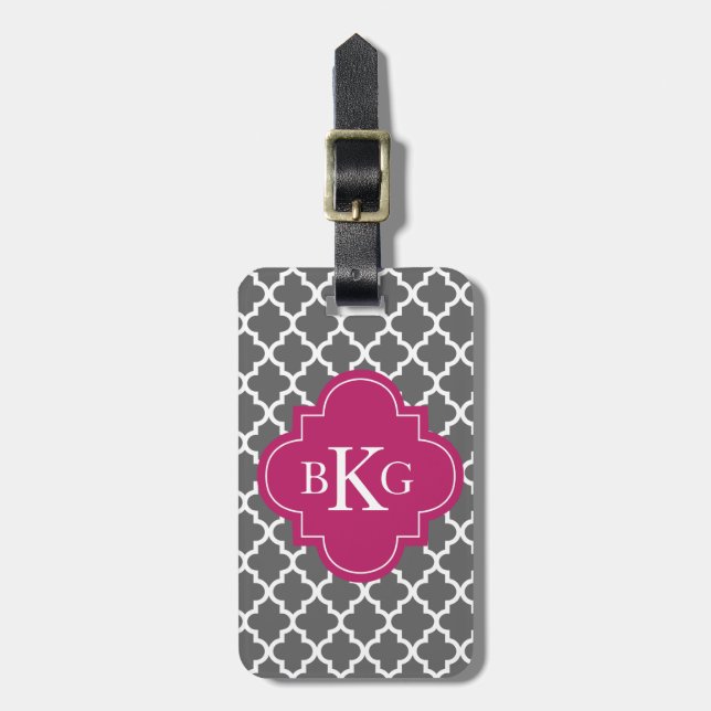 Moroccan Monogram Tag | Dark Grey Berry Pink (Front Vertical)