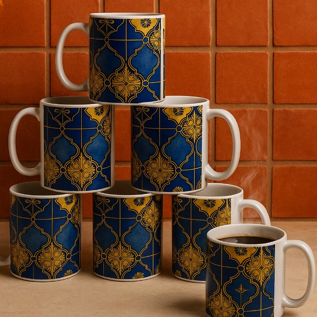 Moroccan Moorish Elegant Blue and Gold Pattern Coffee Mug (Moroccan pattern blue gold ceramic coffee mugs on a kitchen counter. Buy in sets for family/guests)