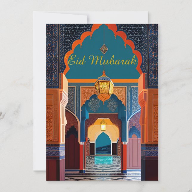 Moroccan mosaic blue red gold mosque Eid Mubarak Invitation (Front)