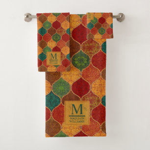 Moroccan Mosaic Geometric Seamless Aztec Pattern Bath Towel Set