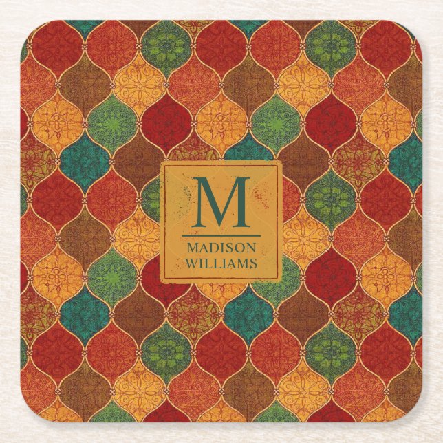 Moroccan Mosaic Geometric Seamless Aztec Pattern Square Paper Coaster (Front)