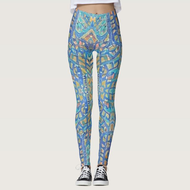 Moroccan mosaic multicolor gold turquoise blue  leggings (Front)