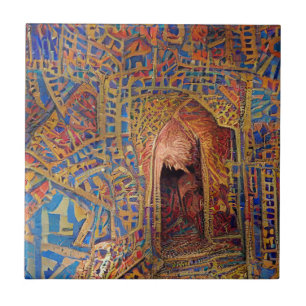 Moroccan mosaic red gold blue geometric art tile