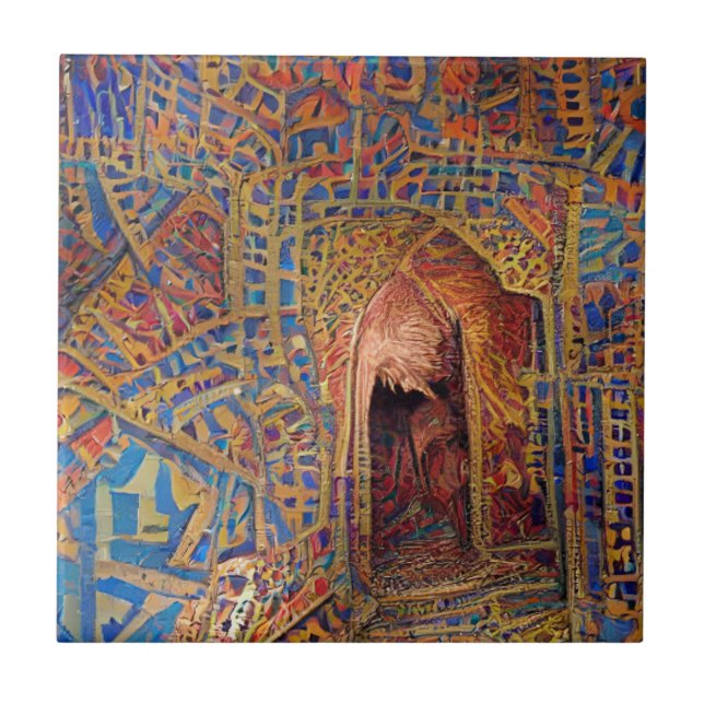 Moroccan mosaic red gold blue geometric art tile (Front)