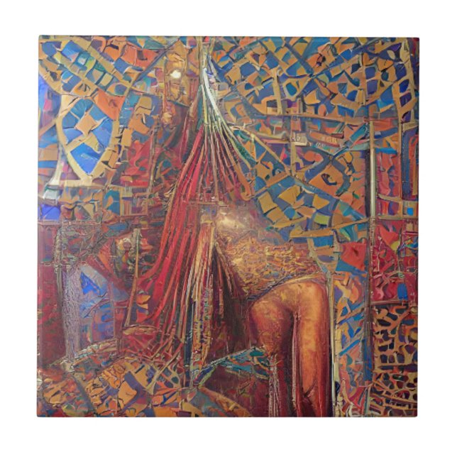 Moroccan mosaic red gold blue green geometric art tile (Front)