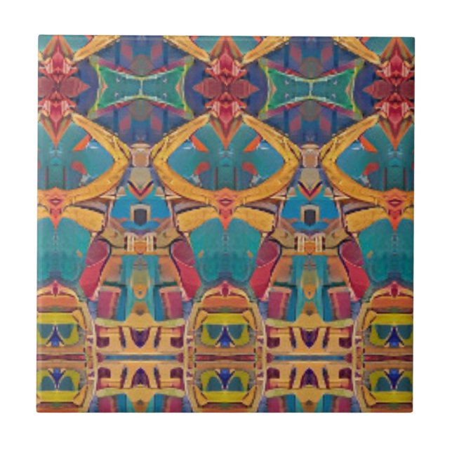 Moroccan mosaic red gold turquoise blue geometric tile (Front)