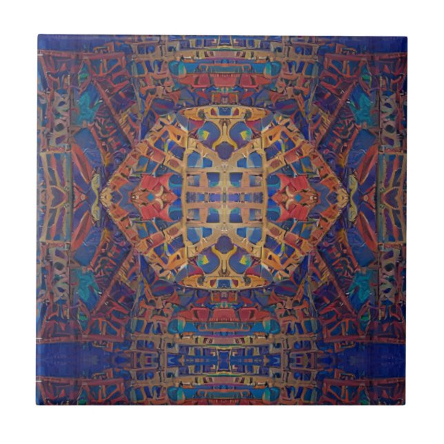 Moroccan mosaic red gold turquoise geometric art c tile (Front)