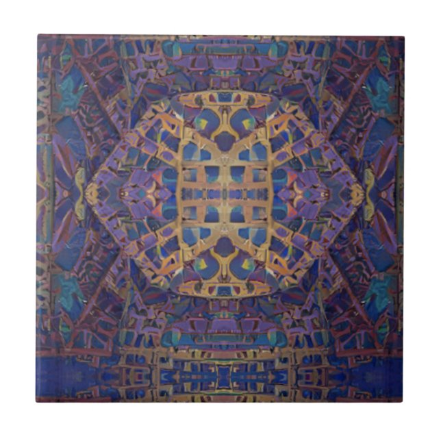 Moroccan mosaic red gold turquoise geometric art tile (Front)