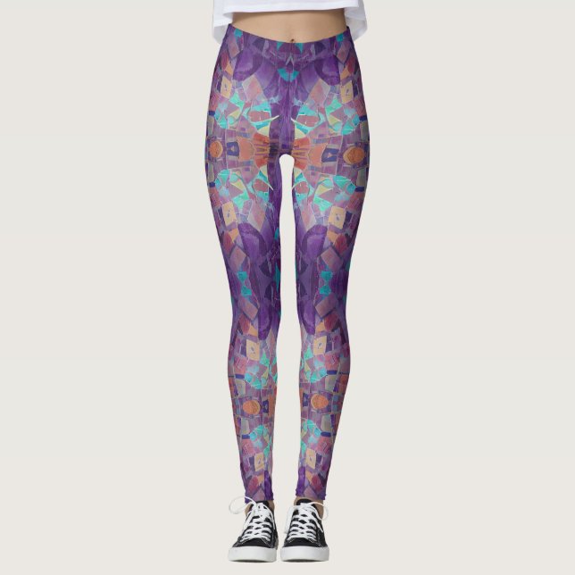 Moroccan mosaic red purple turquoise geometric art leggings (Front)